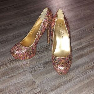 Jessica Simpson multi colored closed square toe sequin 5.5” pumps, size 8.5